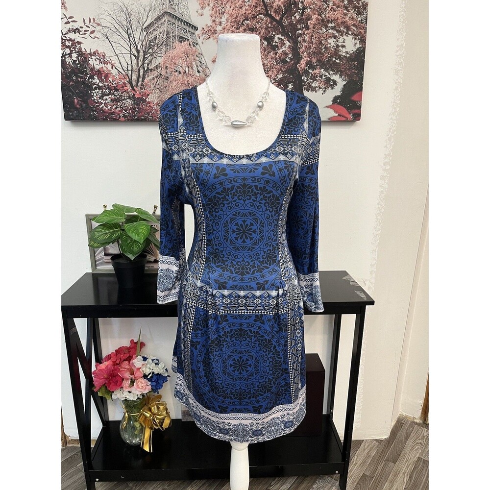 LILY By Firmiana Women Shift Dress Small Blue Boho Mandala Scoop Neck 3/4 Sleeve